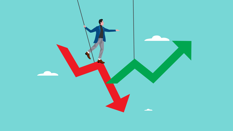 profitable business, investment into a profitable business for the future smart businessman moving from decline red graph to business growth graph